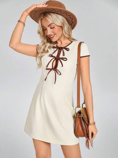 SHEIN LUNE Festival Country Western Wear Women Women's Casual Colorblock Drawstring Bow Sleeveless Mini Dress, Summer