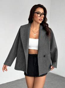 SHEIN PETITE Abrigo elegante de mezcla de lana gris, cálido para otoño e invierno, nuevo lanzamiento