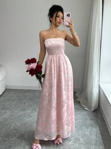 Chiquease Đầm dự tiệc lãng mạn, hở eo, viền ngọc trai, họa tiết jacquard màu hồng ngọt ngào thanh lịch dành cho nữ - Hồng - Xem 6