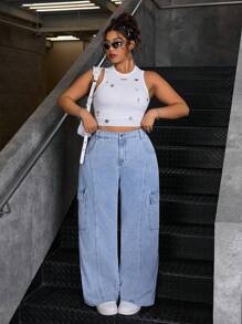 SHEIN ICON Utility Pocket Splice Washed Denim Straight Leg Pants - Light Wash - View 6