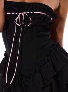 MUSERA 编织骨架荷叶边蝴蝶结饰边抹胸迷你连衣裙，性感可爱，适合春夏派对、外出和度假。 - 黑色 - 查看 6