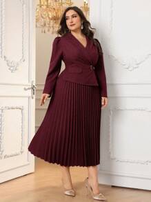 Modelyn 大码女式纯色领口长袖褶边优雅连衣裙长款晚礼服 - 酒紅色 - 查看 4