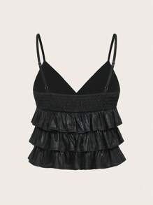 SHEIN MOD Cute Black Tank Top With Layered Ruffles, Winter Tops, Party Tops, Tops, New Year's Eve Tops,Valentine Outfits