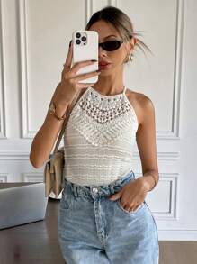 SHEIN Frenchy Camiseta de tirantes con escote halter y encaje en contraste de color albaricoque, top ajustado con textura estriada y retorcida, para uso diario, atuendos casuales para vacaciones en Francia, vestidos de cita, día de la boda