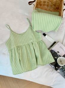 DAZY Women's Striped Camisole And Straight Pajama Pants Sleepwear Set - Green - View 6