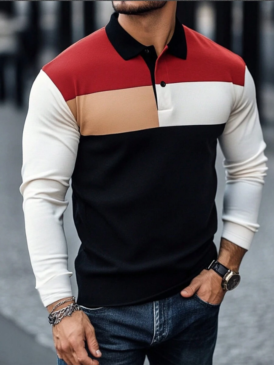 Manfinity Homme Men's Casual Daily Wear And Vacation Attire, Featuring An INS-Style Long-Sleeve Polo Shirt, Vintage Creative Polo Shirt In Color-Blocked Black, White, Red, And Khaki Prints. This Shirt Includes A Button Placket And Is Suitable For Refreshing Top In All Seasons. It's Perfect For Hawaiian Beach Vacation And Great For Couple Looks, Making It An Excellent Gift Idea For Boyfriends Or Husbands - Multicolor - View 1
