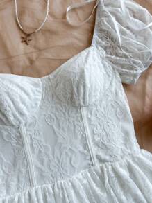 Soleia 浪漫甜美蕾丝拼布泡泡袖分层蛋糕迷你连衣裙，春夏 - 白色 - 查看 4