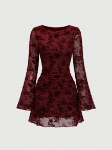 Sweetra Women Elegant Vintage Mesh Flocked Flared Long Sleeve Fitted Mini Dress Fall Cloth For Women