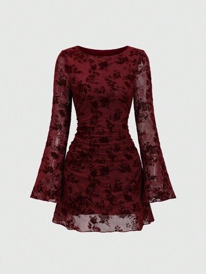 Sweetra Women Elegant Vintage Mesh Flocked Flared Long Sleeve Fitted Mini Dress Fall Cloth For Women