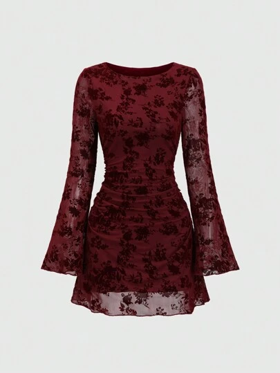 Sweetra Women Elegant Vintage Mesh Flocked Flared Long Sleeve Fitted Mini Dress Fall Cloth For Women