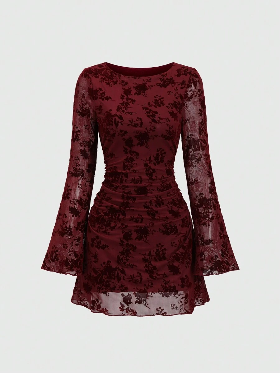 Sweetra Women Elegant Vintage Mesh Flocked Flared Long Sleeve Fitted Mini Dress Fall Cloth For Women