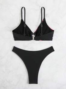 SHEIN Swim 2pcs Springbreak Printed Wireless Round Ring Spaghetti Strap Swimwear Top And High Cut Bikini Bottom Set For Women - Black - View 5
