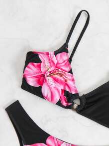 SHEIN Swim 2pcs Springbreak Printed Wireless Round Ring Spaghetti Strap Swimwear Top And High Cut Bikini Bottom Set For Women - Black - View 7
