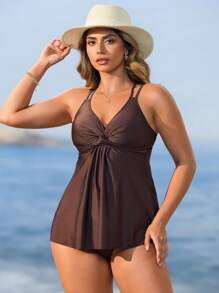 Swim Lushoire Swim Lushore Beach Outfits For Women Summer Solid Color Twist Front Ruffle Trim High Waist Tankini Two Pieces Swimwear - Coffee Brown - View 7