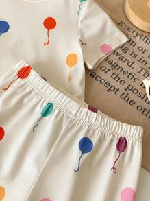 SHEIN 2pcs/Set Baby Girl 0-3 Years Fashionable Cute Colorful Balloon Pattern Crew Neck Short Sleeve T-Shirt & Shorts Set - Apricot - View 9