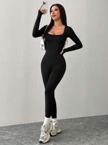 SHEIN PETITE Svart stickad fyrkantig hals Tight Casual Sports Yoga Jumpsuit - Svart - Visa 4