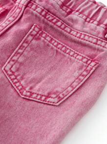 Baby Girl New Fashion Ruffled Waist Washed Denim Straight Leg Pants, Fuchsia,Holiday,Summer,Travel