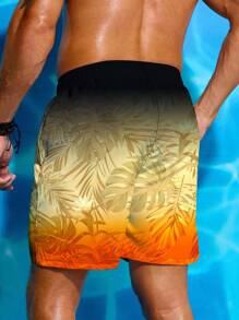 Manfinity Swimmode Men's Plant Print Gradient Drawstring Waist Beach Shorts,Hawaiian - Burnt Orange - View 2