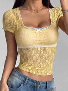 Flirla Women's French Lace Square Neck Form-Fitting Stylish Contrast Ruffle Bowknot Short Sleeve Blouse - Yellow - View 1
