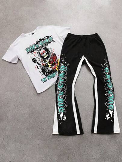 Manfinity VCAY Plus Size Men's Loose Fit Street Style Guitar Print Knit T-Shirt And Pants 2 Pieces Set