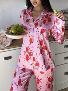 Women Full Flower Print Long Sleeve & Long Pants Pajama Set - Multicolor - View 6