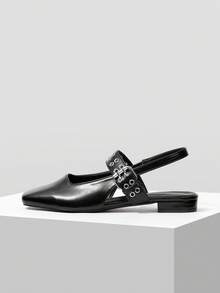 MOTF PREMIUM 女士时尚复古通勤百搭舒适休闲黑色油性皮革纹理鞋面绑带高跟绑带时尚孔眼细节方头平底鞋 - 黑色 - 查看 3