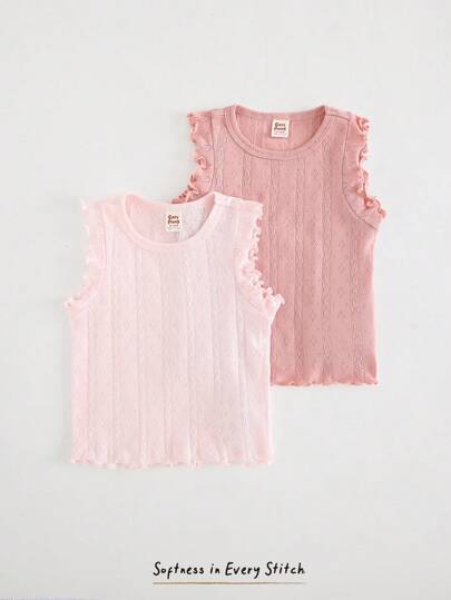 Cozy Pixies Baby Girl Enfärgad Casual Mångsidig Rund Hals Volanger Trim ärmlös toppsats, 2 delar