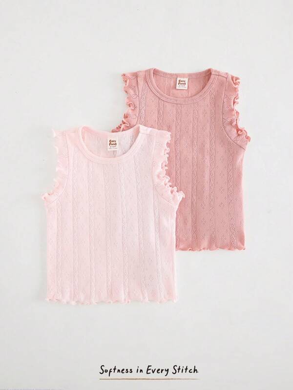 Cozy Pixies Baby Girl Solid Color Casual Versatile Round Neck Ruffle Trim Sleeveless Top Set, 2 Pieces