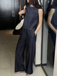 DAZY Washed Slit Vest And Wide Leg Jeans Women Denim 2pcs Suit Vacation Outfits Women - Dark Wash - View 4