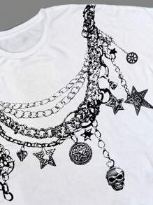 Manfinity Roghcode Manfinity EMRG 男士街头风格多项链 T 恤，银色多链项链组合，古怪街头图案，金属字母街头宽松 T 恤，男友礼物，男士礼物，适合朋友 - 白色 - 查看 5