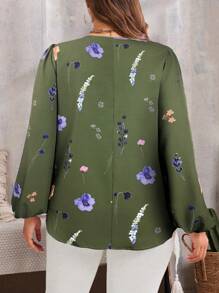 EMERY ROSE 大码女式秋装花卉印花 V 领灯笼袖宽松长袖衬衫