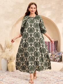 SHEIN 宽松可爱休闲校园日常圆领蝴蝶结复古印花中长连衣裙，适合少女度假春夏季 - 綠色 - 查看 6