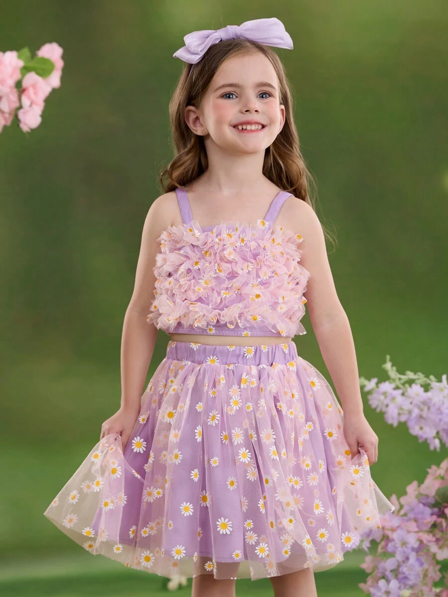 SHEIN Kleine Mädchen 2 Stücke Set aus Chiffon Crop Trägerhemd mit Ditsy Blumenmuster und Mini Rock, Lässig - Violett - Übersicht 1
