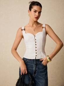 Poéselle Women's Elegant White Summer Linen Camisole,Solid Color Single-Breasted Circular Buckle Strap Crop Top,Boho Brunch Tops - White - View 2