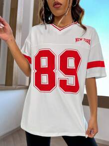 StreetHx Letter Graphic Drop Shoulder Tee Graphic Tees Women Tops - Red and White - View 6