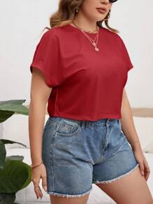 SHEIN Essnce 大码休闲舒适纯色短款 T 恤 - 紅色 - 查看 6