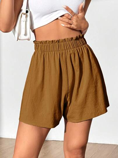 SHEIN MOOSTA Shorts de mujer con cintura suelta de unicolor y dobladillo con volantes