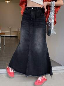 DAZY 女士休闲牛仔A字裙，简约时尚，适合日常穿着的牛仔裙 - 黑色 - 查看 8