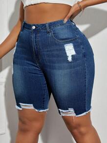 SHEIN SXY 大码破洞百搭牛仔短裤 - 深色水洗藍 - 查看 4