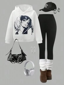 Teen Girls Autumn/Winter New Casual Street Fashion Rapper Street Dance Lip Teeth Decor Hoodie And Riding Pants 2 Pieces Set - White - View 1