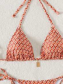 Conjunto de bikini de triángulo con estampado geométrico y colgante de metal para el cuello, atuendo de verano para vacaciones - Multicolor - Ver 6