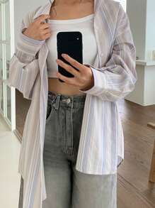 DAZY Áo sơ mi dài tay kẻ sọc rộng rãi thoải mái cho nữ, quần áo trở lại trường - Màu tím hoa cà - Xem 5