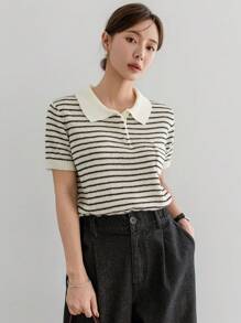 Dazy-Less Damski sweter biznesowy casualowy w paski z blokami kolorów, z krótkim rękawem i kołnierzykiem, w stylu patchworkowym, strój nauczycielski - Biały - Zobacz 3