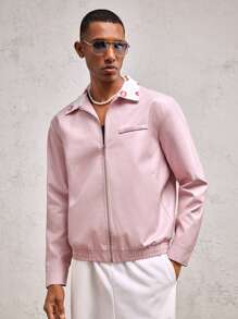 AKNOTIC Party Men's Pink Patchwork Color Block Lip Print Collar Woven PU Loose Drop Shoulder Turndown Collar Fashion Casual Open Front Jacket, Suitable For Spring/Summer, Couples, Valentine's Day, Party