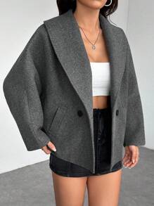 SHEIN PETITE Abrigo elegante de mezcla de lana gris, cálido para otoño e invierno, nuevo lanzamiento