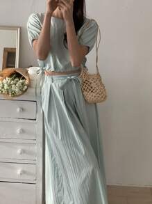 DAZY 2pcs/Set Women Casual Loose Round Neck Korean Style Sets Summer - Mint Green - View 4