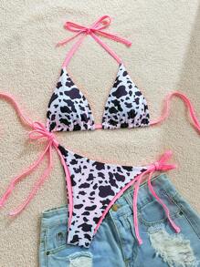 Soleia 2pcs/Set Women's Vacation Cow Print Contrasting Magenta Reversible Halter Tie Bikini, For Summer Beach - Multicolor - View 5