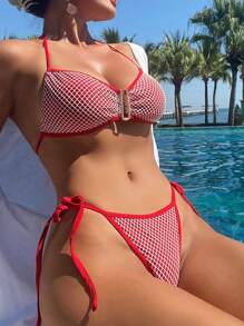 SHEIN Swim Frühlingspause Sommer Strand U-Ausschnitt Crop Top & seitlich gebundener Bikini Unterteil 2 Teile Badeanzug Set, Rot & Weiß