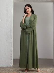 Graceveil 女式喇叭袖超长外套和无袖连衣裙两件套阿拉伯服装套装 - 綠色 - 查看 7