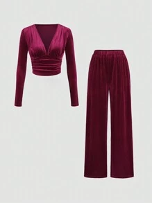 Sweetra Elegant Women's Velvet Deep V-Neck Top And Fitted Wide Leg Pants Set - Red - View 1